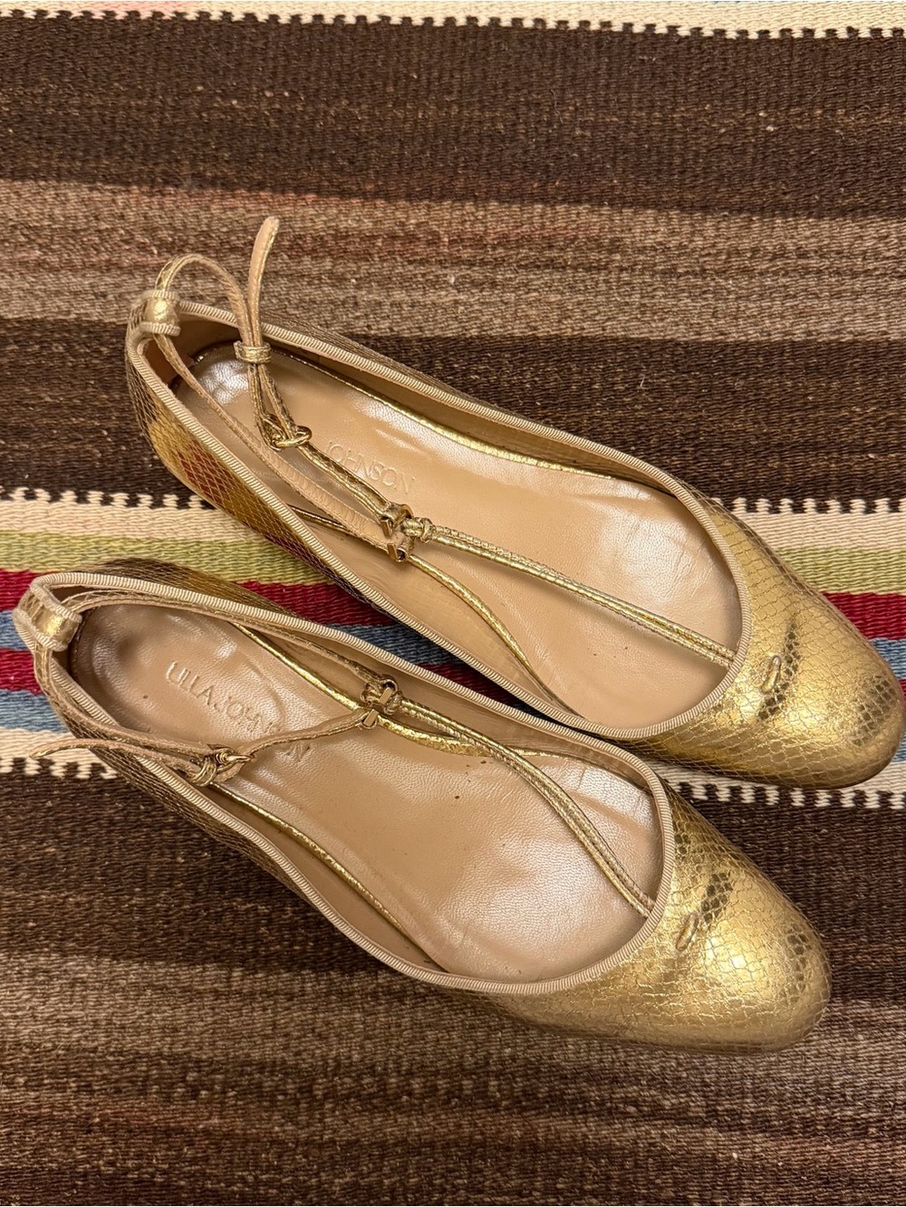 Ulla Johnson Metallic Gold Textured Pointed Ballet Flats with Ankle Tie
